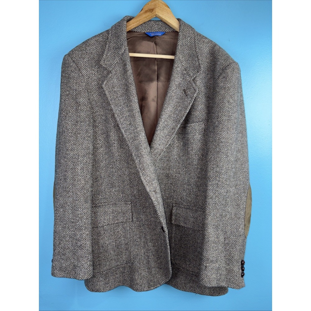 Vintage Pendleton Made In USA Wool Pleated Blazer Elbow Patches Herringbone 44